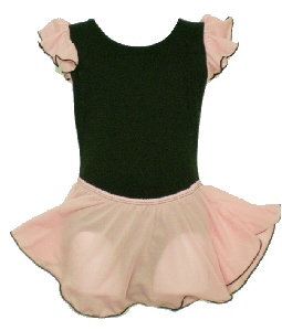 pink pearl stitch crepe skirt attached to matching flutter sleeve leotard