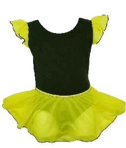 yellow pearl stitch crepe skirt attached to matching flutter sleeve leotard